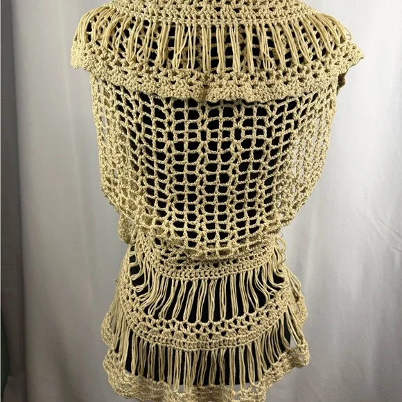 Mystree Boho Crochet Fringe Vest Open Knit Festival Duster Medium - Picture 6 of 6